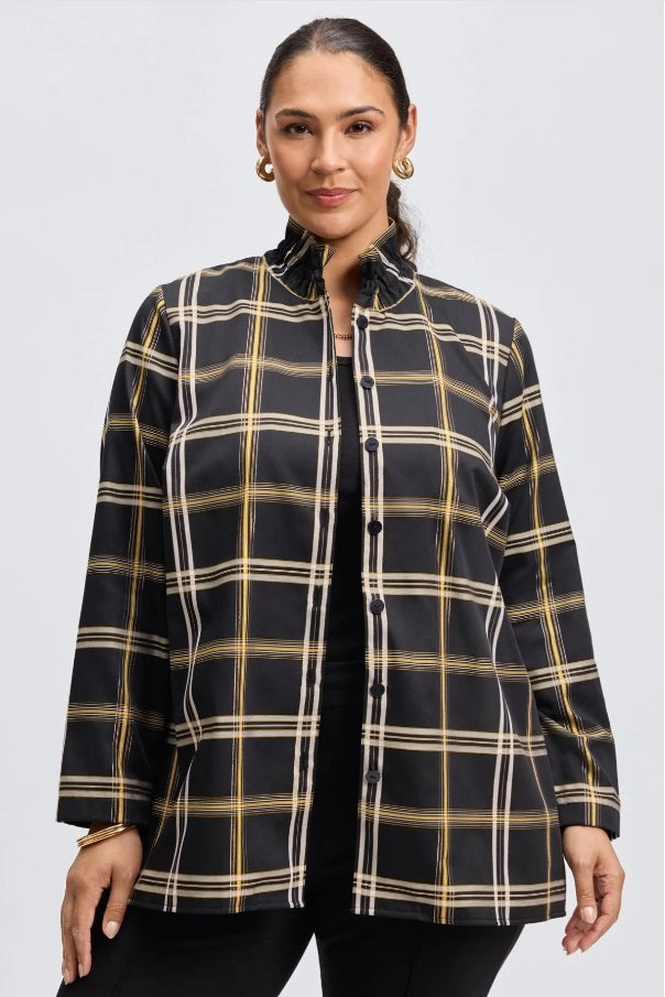 Foxcroft Carolina No Iron Gold & Silver Lurex Plaid Shirt Jacket