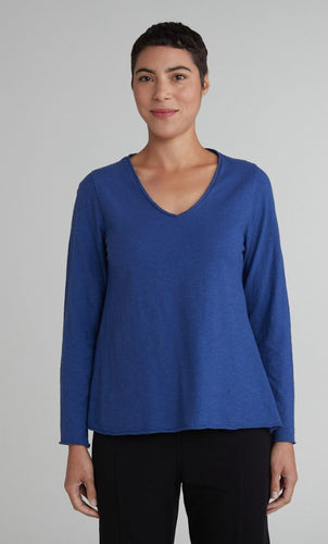 Cut Loose Linen Cotton Jersey Long Sleeve V-Neck Aline Top