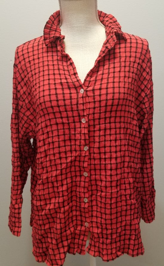 Cut Loose Black and White Plaid Crop Easy Shirt (XL, Harbor Red)- On Sale!