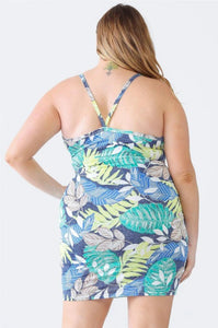 Palm Leaves Print Strappy Mini Dress (1X-3X)- On Sale!