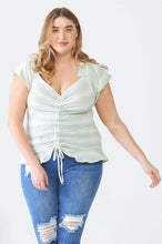Load image into Gallery viewer, Striped Sage Ruffle Ruched Short Sleeve Top