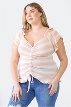 Load image into Gallery viewer, Striped Peach Ruffle Ruched Short Sleeve Top