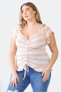 Striped Peach Ruffle Ruched Short Sleeve Top