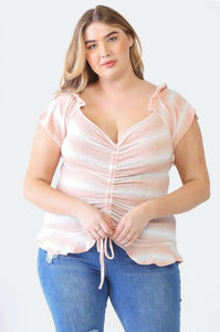 Striped Peach Ruffle Ruched Short Sleeve Top
